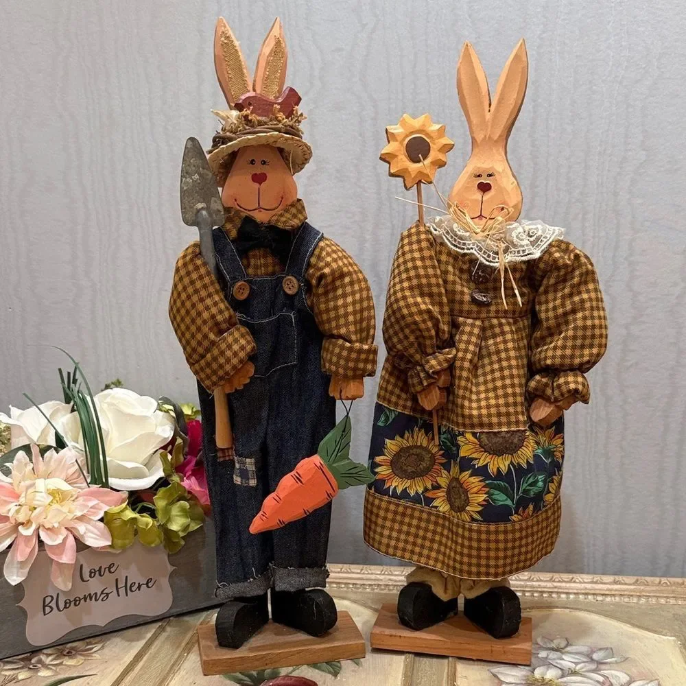 Vintage Wooden Easter Bunny Country Couple Farmers Primitive Country Folk Art